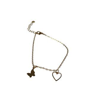 Goldtone Butterfly and Heart Charm Bracelet Anklet 8 - 10 inches Long